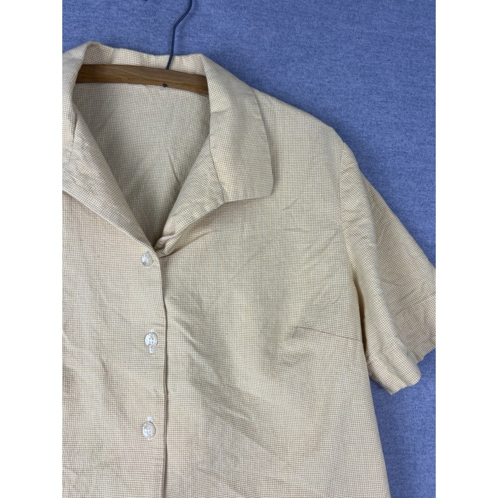 Vintage Yellow Micro Check Button Down Short Sleeve Shirt Notched Lapel Top